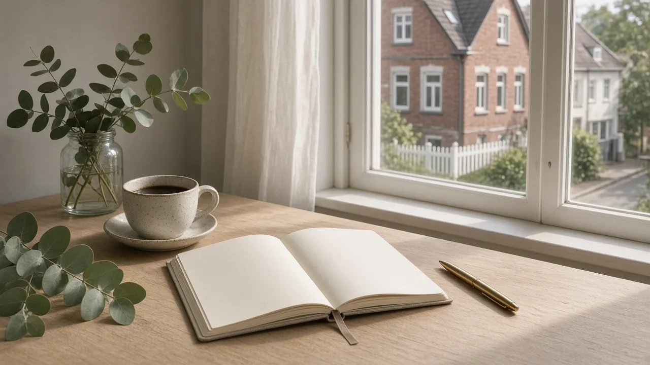Heller Schreibtisch mit leerem Notizbuch, Tasse und Eukalyptuszweig am Fenster zur Wohnstraße