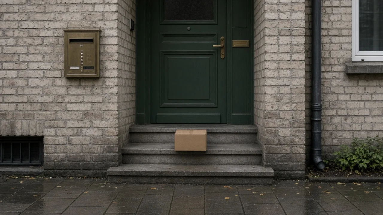 Karton auf der Stufe vor einer dunklen Haustür, daneben ein Briefkasten an der Hauswand