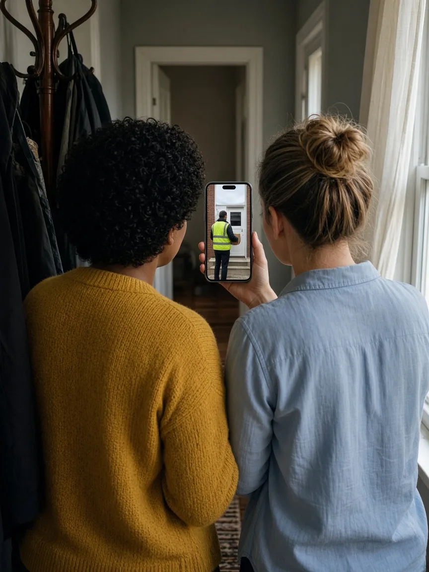 Zwei Frauen von hinten schauen auf ein Smartphone, dessen Bildschirm einen Kurier an der Haustür zeigt