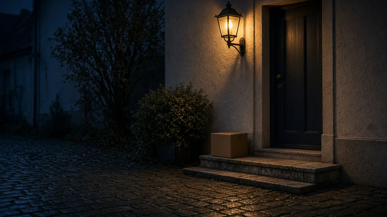 Hauseingang am Abend, eine Lampe beleuchtet die Stufe und ein Paket vor der Tür