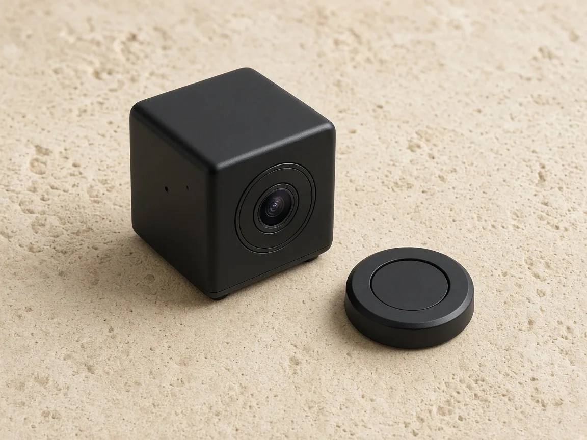 Kleine schwarze Mini-Kamera mit rundem Magnetfuß auf einer hellen Steinplatte