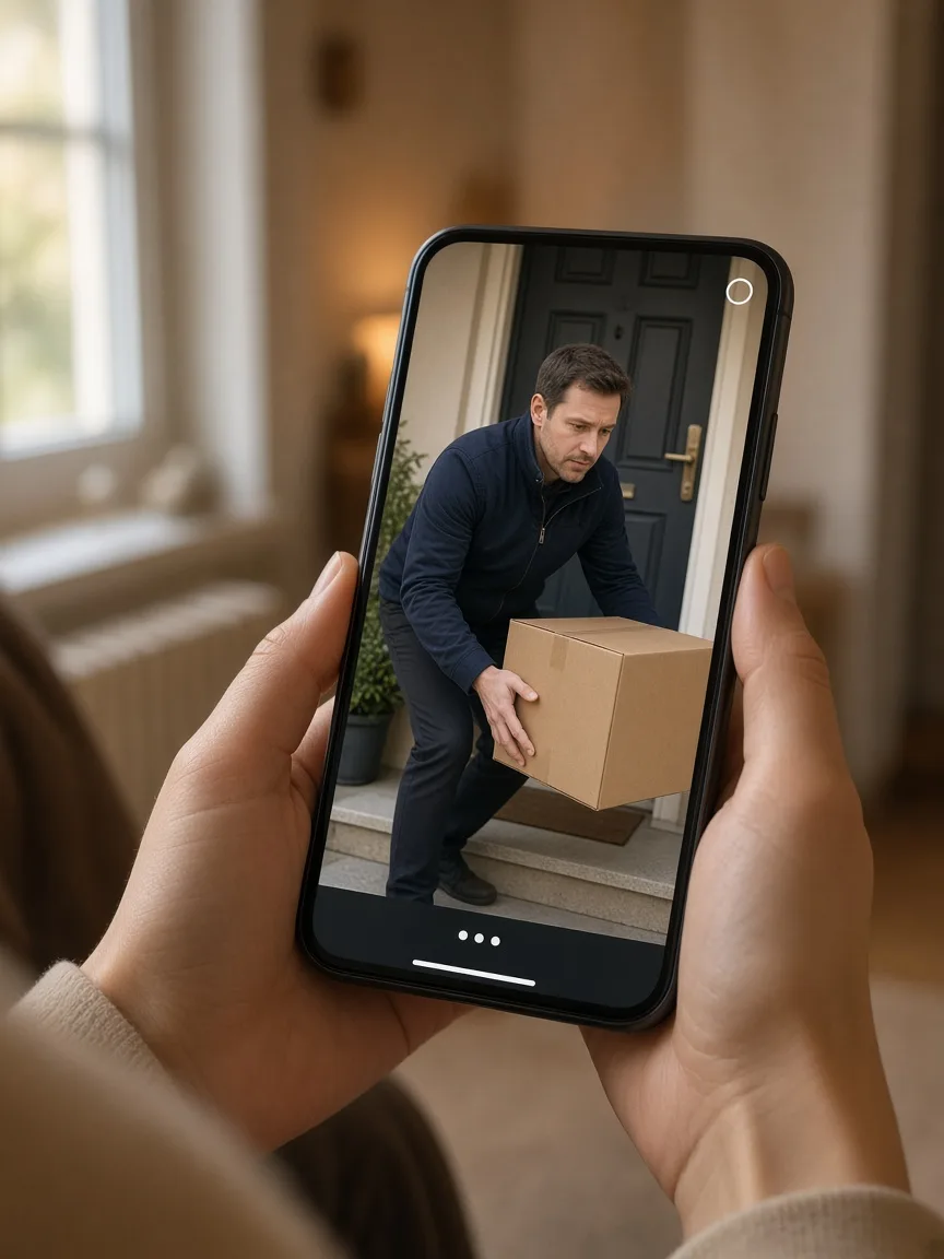 Hände halten ein Smartphone, auf dem ein Mann neben einem Paket vor einer Haustür zu sehen ist